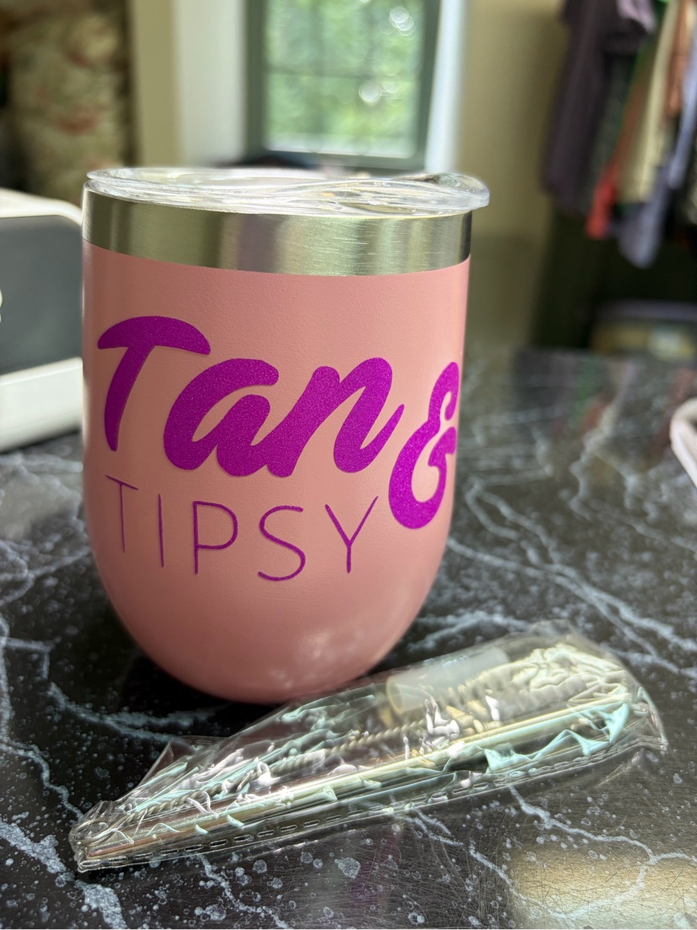 Pink "Tan & Tipsy" Stainless Wine Tumbler